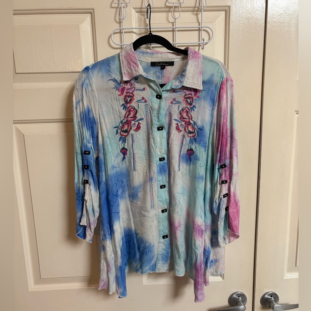Calessa Tie Dye Boho Asymmetrical Flower Child Artsy Hippie Embroidered  Top